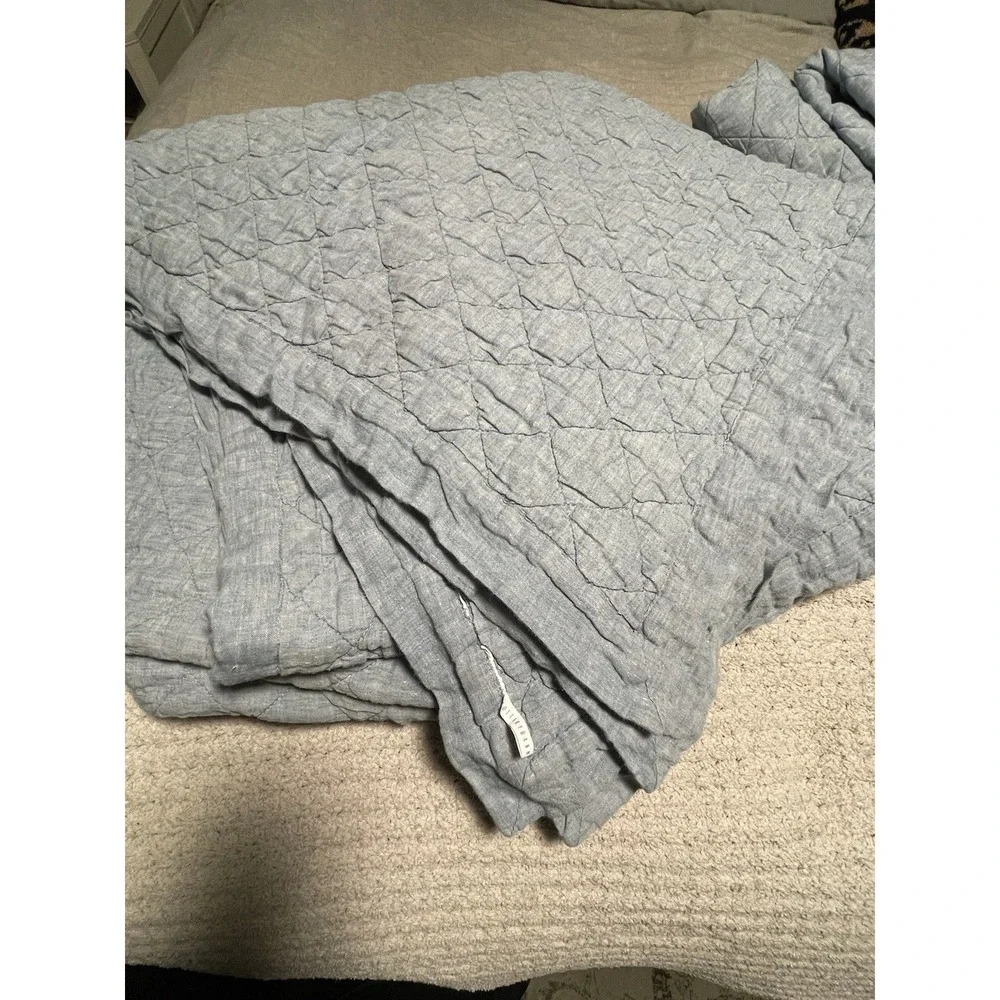 Pottery Barn Belgian Flax Linen Diamond Quilt Chambray Blue F/Q & 2 Euro Shams